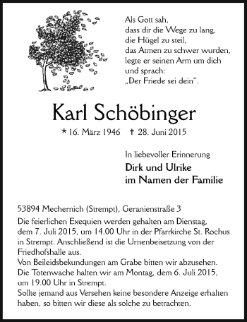 Anzeige von Karl Schöbinger von  Blickpunkt Euskirchen 