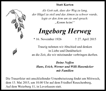 Anzeige von Ingeborg Herweg von Kölner Stadt-Anzeiger / Kölnische Rundschau / Express