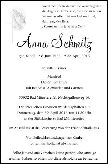 Anzeige von Anna Schmitz von  Blickpunkt Euskirchen 