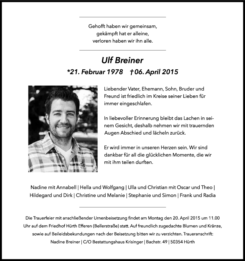  Traueranzeige für Ulf Breiner vom 18.04.2015 aus Kölner Stadt-Anzeiger / Kölnische Rundschau / Express