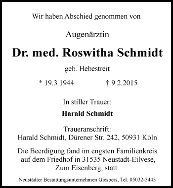 Anzeige von Roswitha Schmidt von  Anzeigen Echo 