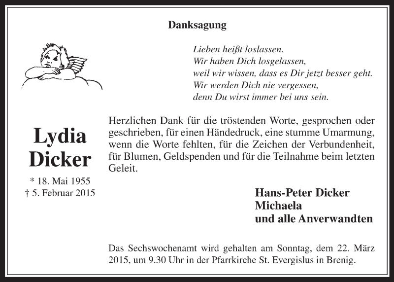  Traueranzeige für Lydia Dicker vom 18.03.2015 aus  Schaufenster/Blickpunkt 