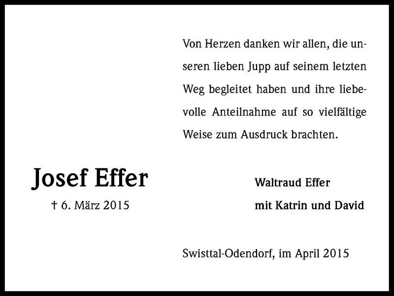  Traueranzeige für Josef Effer vom 01.04.2015 aus Kölner Stadt-Anzeiger / Kölnische Rundschau / Express