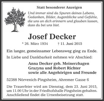 Anzeige von Josef Decker von  Werbepost 
