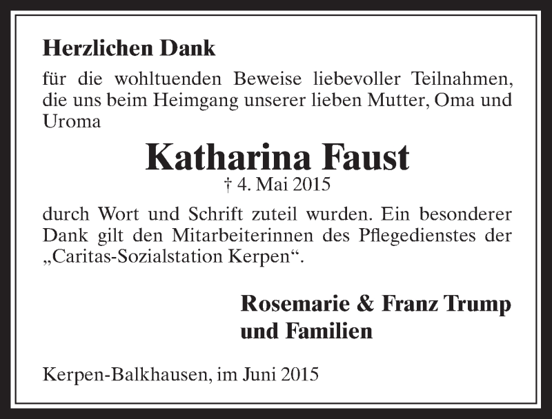  Traueranzeige für Katharina Faust vom 24.06.2015 aus  Werbepost 
