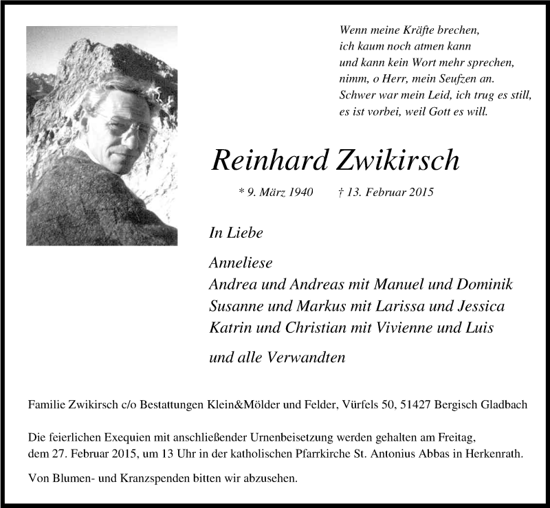  Traueranzeige für Reinhard Zwikirsch vom 21.02.2015 aus Kölner Stadt-Anzeiger / Kölnische Rundschau / Express
