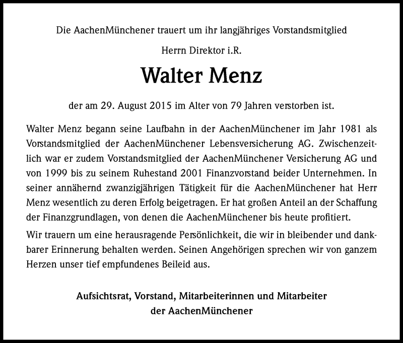 Traueranzeige für Walter Menz vom 05.09.2015 aus Kölner Stadt-Anzeiger / Kölnische Rundschau / Express