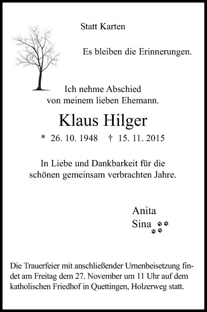  Traueranzeige für Klaus Hilger vom 25.11.2015 aus Kölner Stadt-Anzeiger / Kölnische Rundschau / Express
