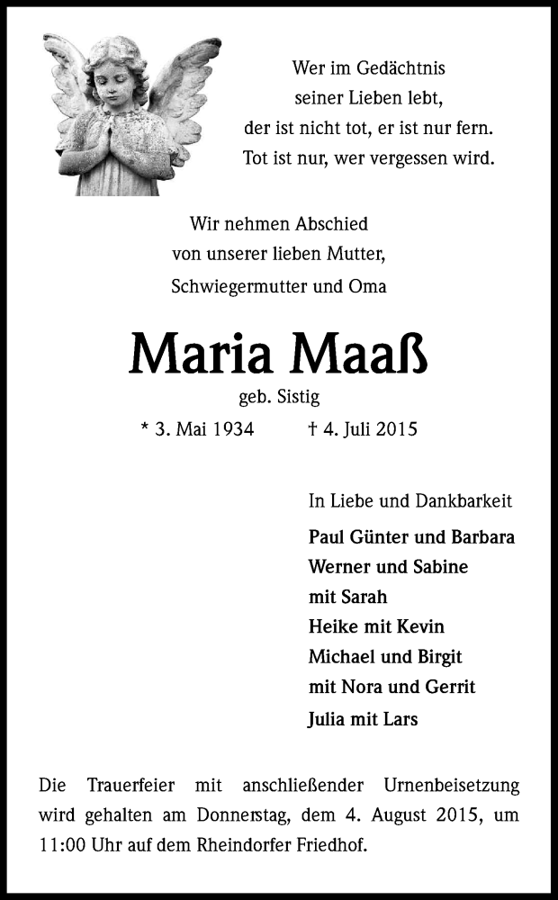  Traueranzeige für Maria Maaß vom 25.07.2015 aus Kölner Stadt-Anzeiger / Kölnische Rundschau / Express