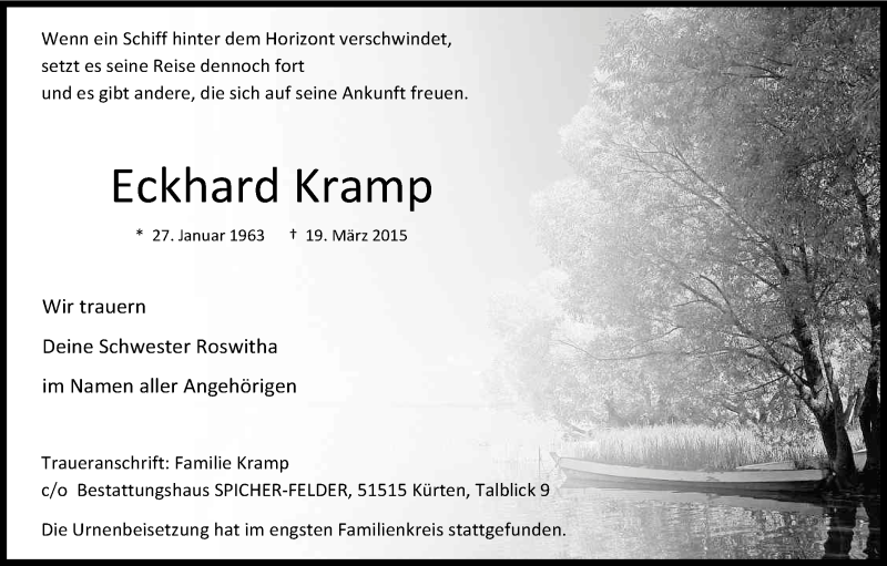  Traueranzeige für Eckhard Kramp vom 28.03.2015 aus Kölner Stadt-Anzeiger / Kölnische Rundschau / Express