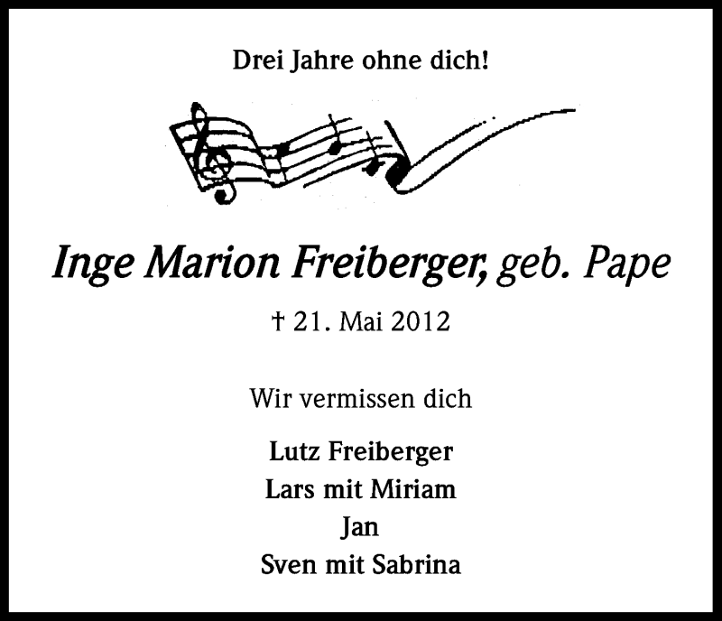  Traueranzeige für Inge Marion Freiberger vom 21.05.2015 aus Kölner Stadt-Anzeiger / Kölnische Rundschau / Express
