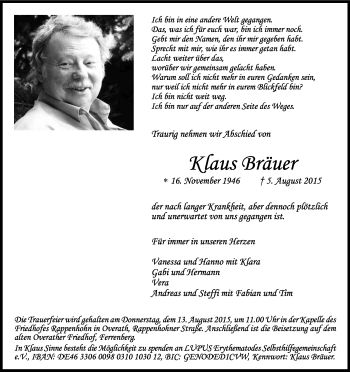 Anzeige von Klaus Bräuer von Kölner Stadt-Anzeiger / Kölnische Rundschau / Express