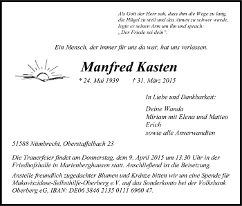 Anzeige von Manfred Kasten von Kölner Stadt-Anzeiger / Kölnische Rundschau / Express