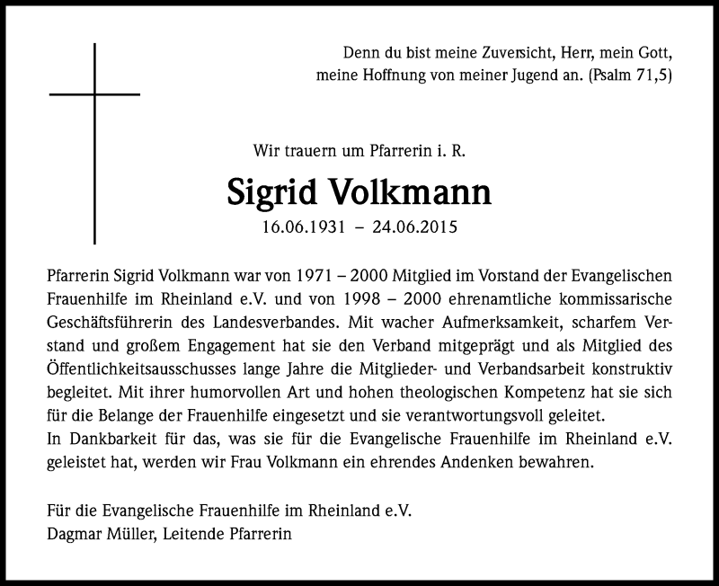  Traueranzeige für Sigrid Volkmann vom 27.06.2015 aus Kölner Stadt-Anzeiger / Kölnische Rundschau / Express