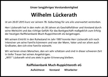 Anzeige von Wilhelm Lückerath von Kölner Stadt-Anzeiger / Kölnische Rundschau / Express