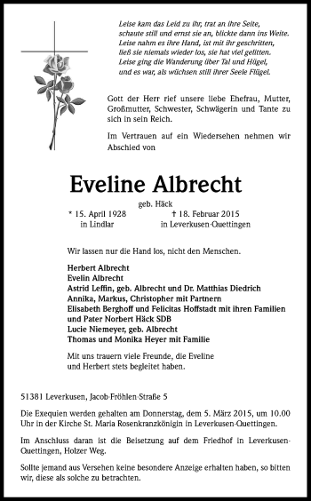 Anzeige von Eveline Albrecht von Kölner Stadt-Anzeiger / Kölnische Rundschau / Express