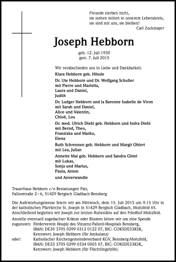 Anzeige von Joseph Hebborn von Kölner Stadt-Anzeiger / Kölnische Rundschau / Express