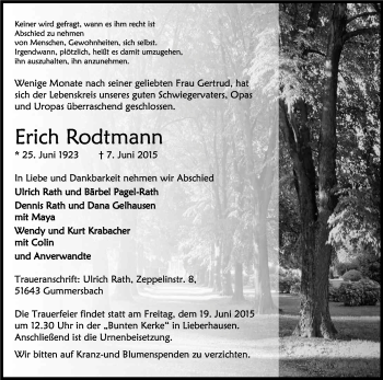 Anzeige von Erich Rodtmann von Kölner Stadt-Anzeiger / Kölnische Rundschau / Express