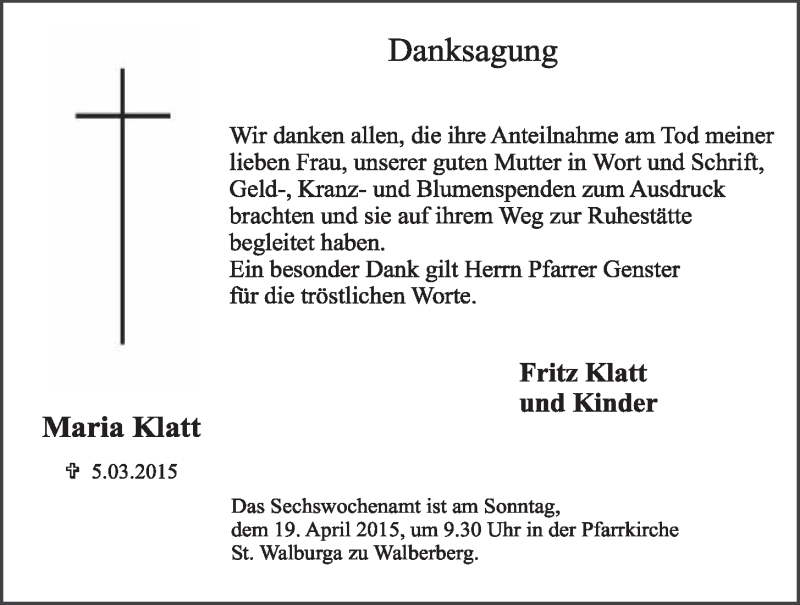  Traueranzeige für Maria Klatt vom 15.04.2015 aus  Schlossbote/Werbekurier 