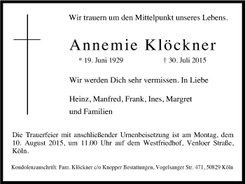 Anzeige von Annemie Klöckner von Kölner Stadt-Anzeiger / Kölnische Rundschau / Express