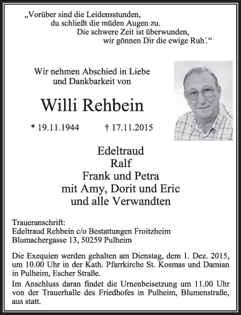 Anzeige von Willi Rehbein von  Sonntags-Post 