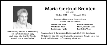 Anzeige von Maria-Gertrud Brenten von Kölner Stadt-Anzeiger / Kölnische Rundschau / Express