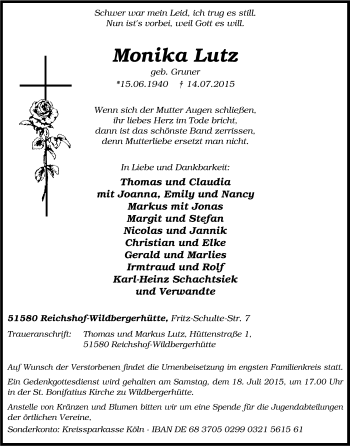 Anzeige von Monika Lutz von Kölner Stadt-Anzeiger / Kölnische Rundschau / Express