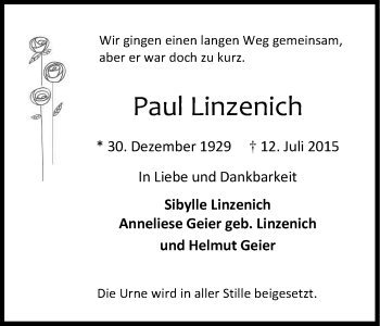 Anzeige von Paul Linzenich von Kölner Stadt-Anzeiger / Kölnische Rundschau / Express