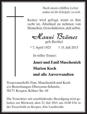 Anzeige von Hanni Brämer von  Werbepost 