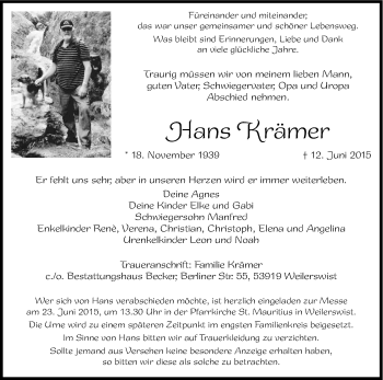 Anzeige von Hans Krämer von Kölner Stadt-Anzeiger / Kölnische Rundschau / Express