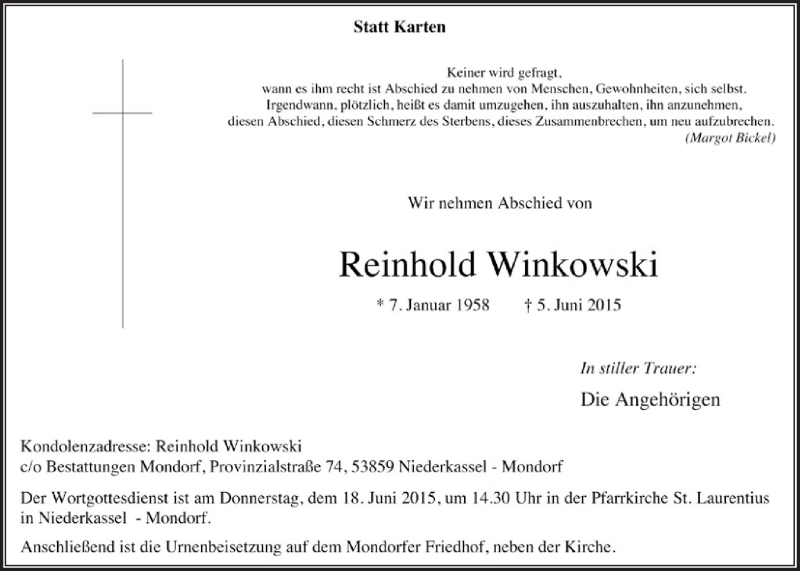  Traueranzeige für Reinhold Winkowski vom 17.06.2015 aus  Extra Blatt 