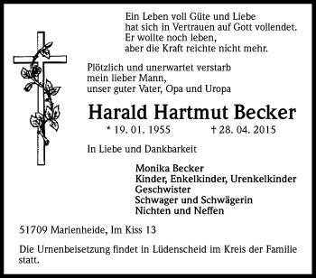 Anzeige von Harald Hartmut Becker von Kölner Stadt-Anzeiger / Kölnische Rundschau / Express
