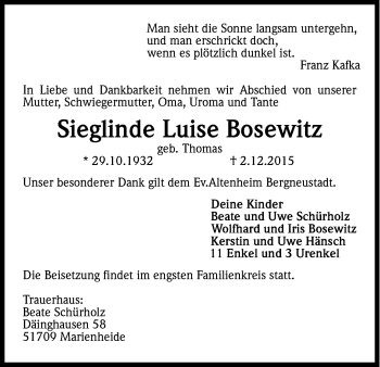 Anzeige von Sieglinde Luise Bosewitz von Kölner Stadt-Anzeiger / Kölnische Rundschau / Express