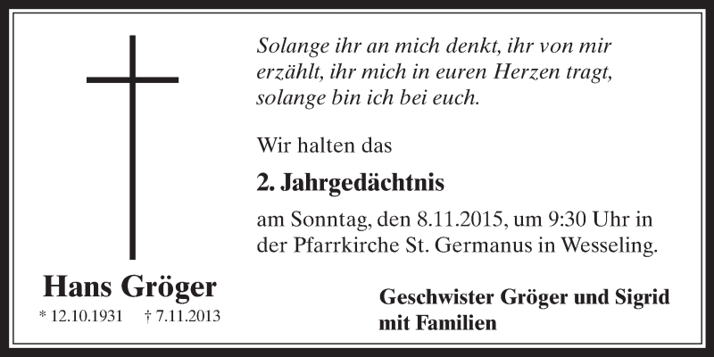  Traueranzeige für Hans Gröger vom 04.11.2015 aus  Schlossbote/Werbekurier 