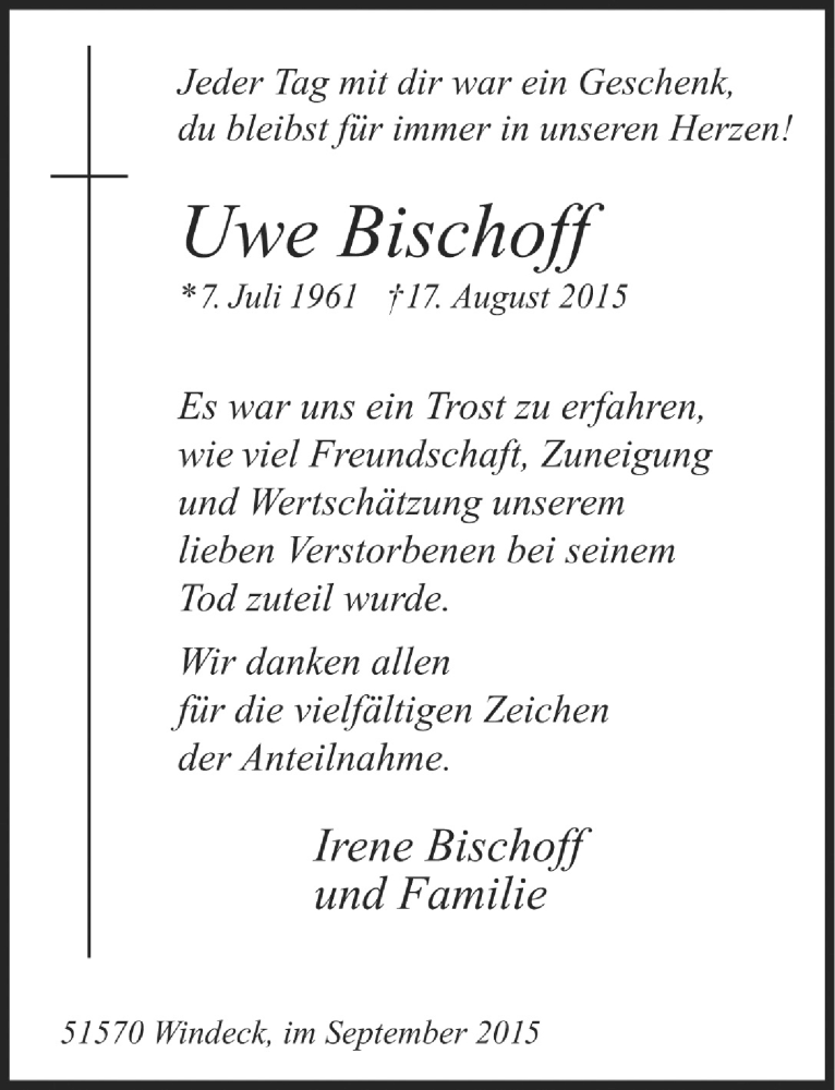  Traueranzeige für Uwe Bischoff vom 05.09.2015 aus  Rhein-Sieg-Wochenende 