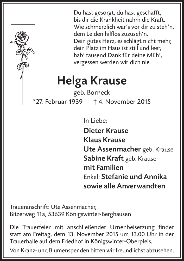  Traueranzeige für Helga Krause vom 11.11.2015 aus  Extra Blatt 