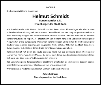 Anzeige von Helmut Schmidt von Köln - Wir Trauern