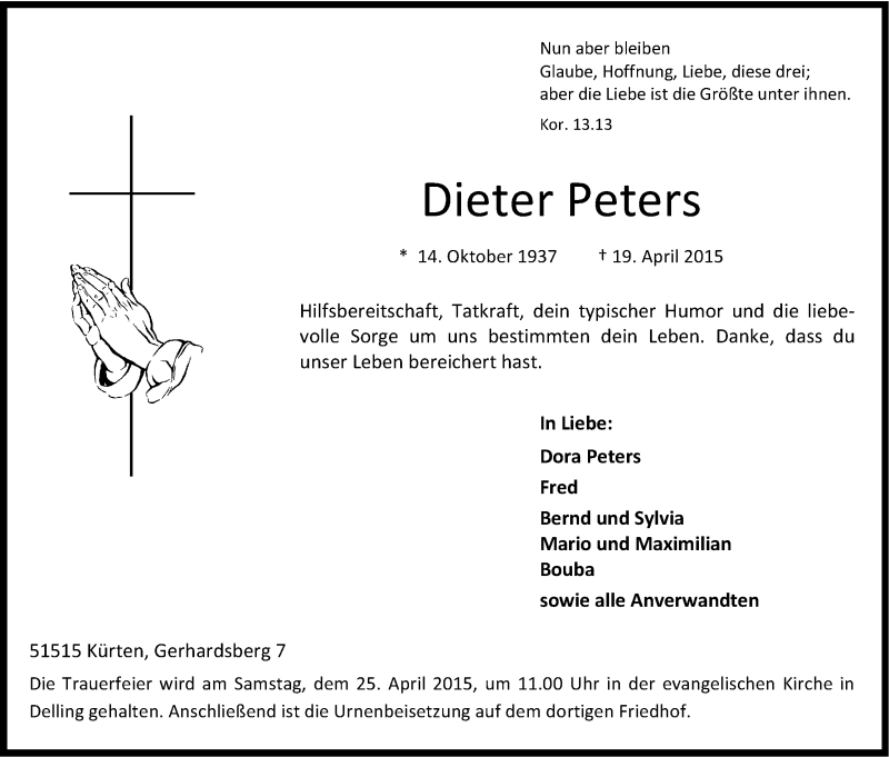  Traueranzeige für Dieter Peters vom 22.04.2015 aus Kölner Stadt-Anzeiger / Kölnische Rundschau / Express