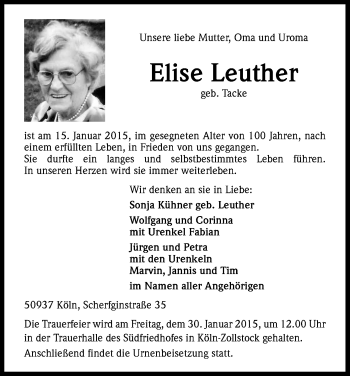 Anzeige von Elise Leuther von Kölner Stadt-Anzeiger / Kölnische Rundschau / Express