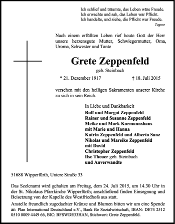 Anzeige von Grete Zeppenfeld von Kölner Stadt-Anzeiger / Kölnische Rundschau / Express