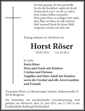 Anzeige von Horst Röser von  Sonntags-Post 