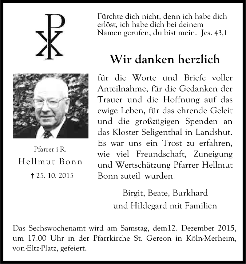  Traueranzeige für Hellmut Bonn vom 05.12.2015 aus Kölner Stadt-Anzeiger / Kölnische Rundschau / Express