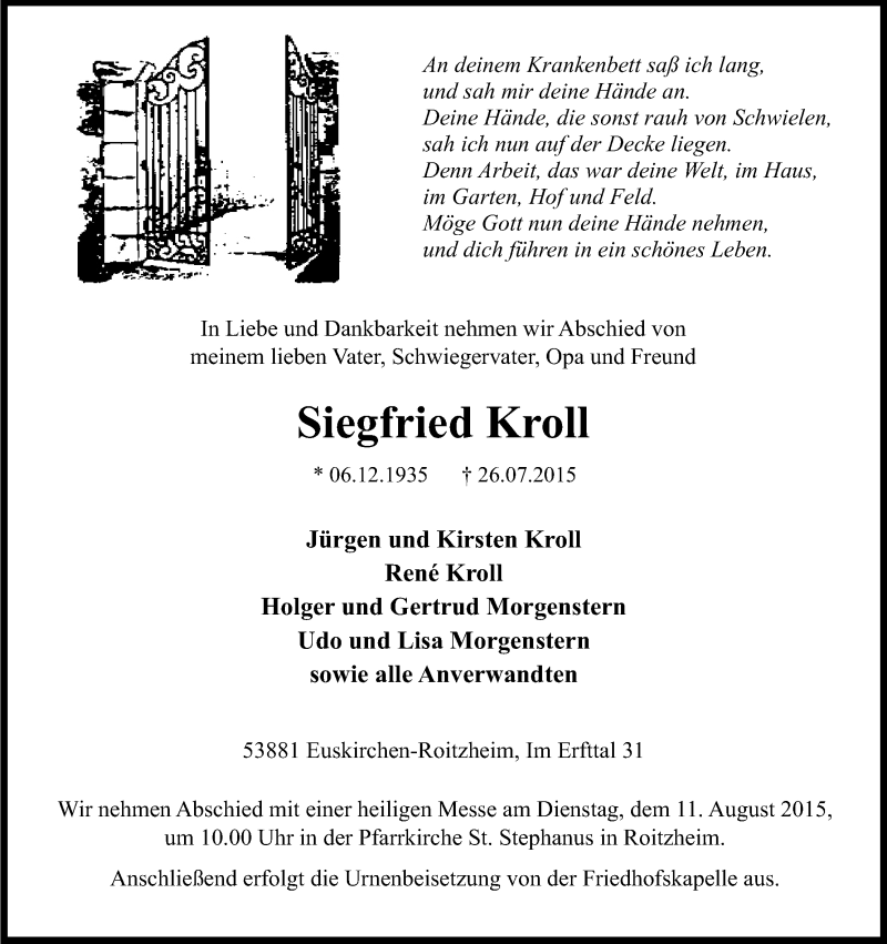  Traueranzeige für Siegfried Kroll vom 05.08.2015 aus Kölner Stadt-Anzeiger / Kölnische Rundschau / Express
