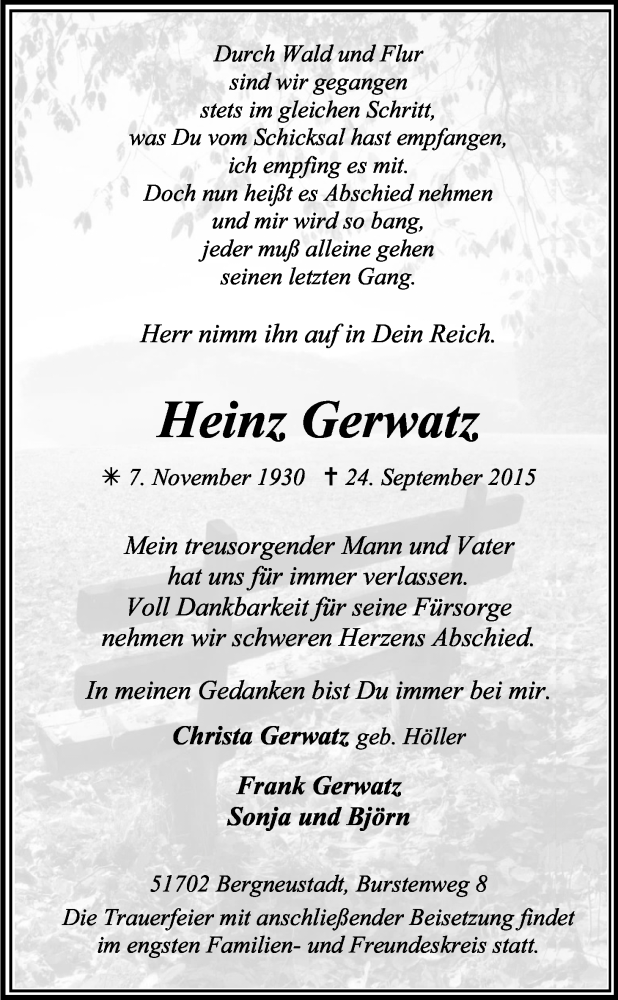  Traueranzeige für Heinz Gerwatz vom 26.09.2015 aus Kölner Stadt-Anzeiger / Kölnische Rundschau / Express