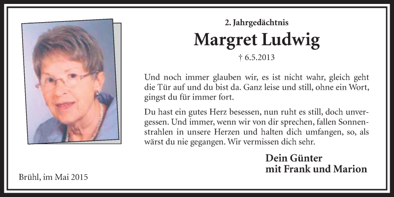  Traueranzeige für Margret Ludwig vom 06.05.2015 aus  Schlossbote/Werbekurier 