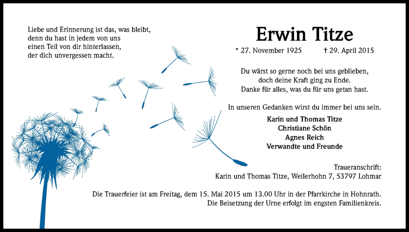  Traueranzeige für Erwin Titze vom 18.05.2015 aus Kölner Stadt-Anzeiger / Kölnische Rundschau / Express