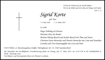Anzeige von Sigrid Korte von Kölner Stadt-Anzeiger / Kölnische Rundschau / Express