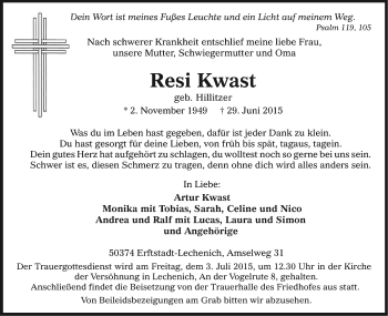 Anzeige von Resi Kwast von Kölner Stadt-Anzeiger / Kölnische Rundschau / Express