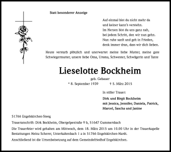 Anzeige von Lieselotte Bockheim von Kölner Stadt-Anzeiger / Kölnische Rundschau / Express