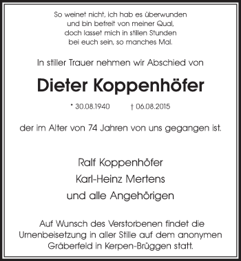 Anzeige von Dieter Koppenhöfer von  Sonntags-Post 